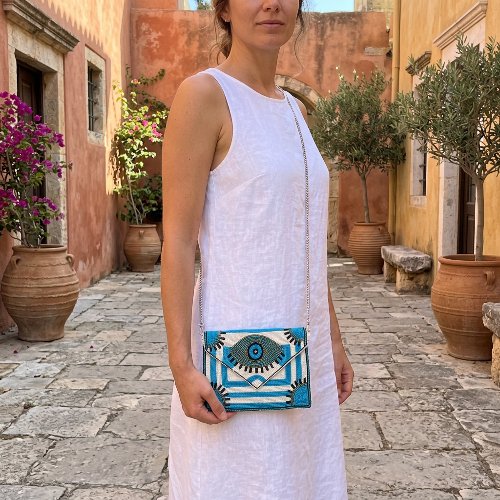 Small turquoise and white eye clutch with white linen, corrected-scale AI-generated lifestyle image