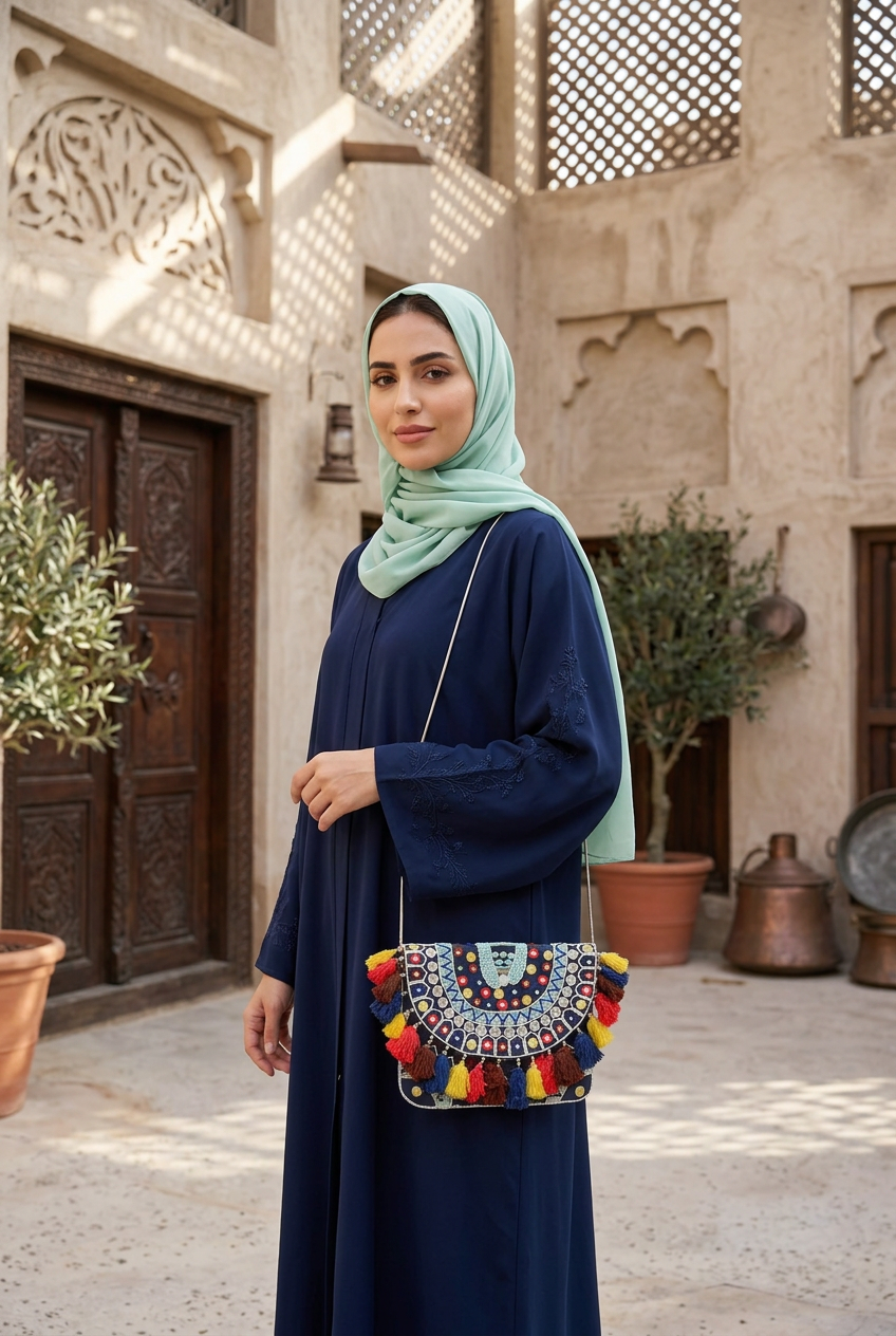 Navy mirror and multicolour tassel boho clutch on a silver chain with a navy abaya and mint shayla in an Al Fahidi courtyard