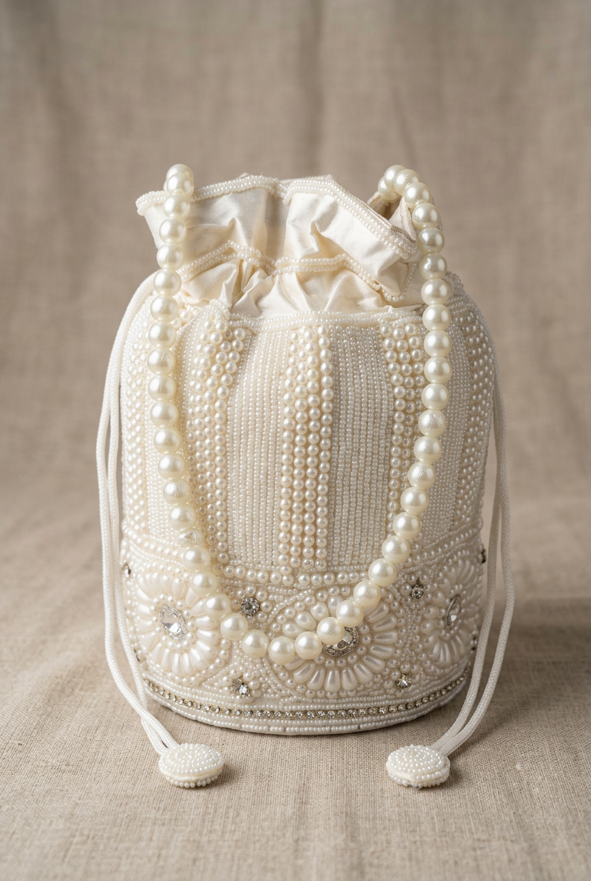 Pearl Cascade ivory beaded potli on linen
