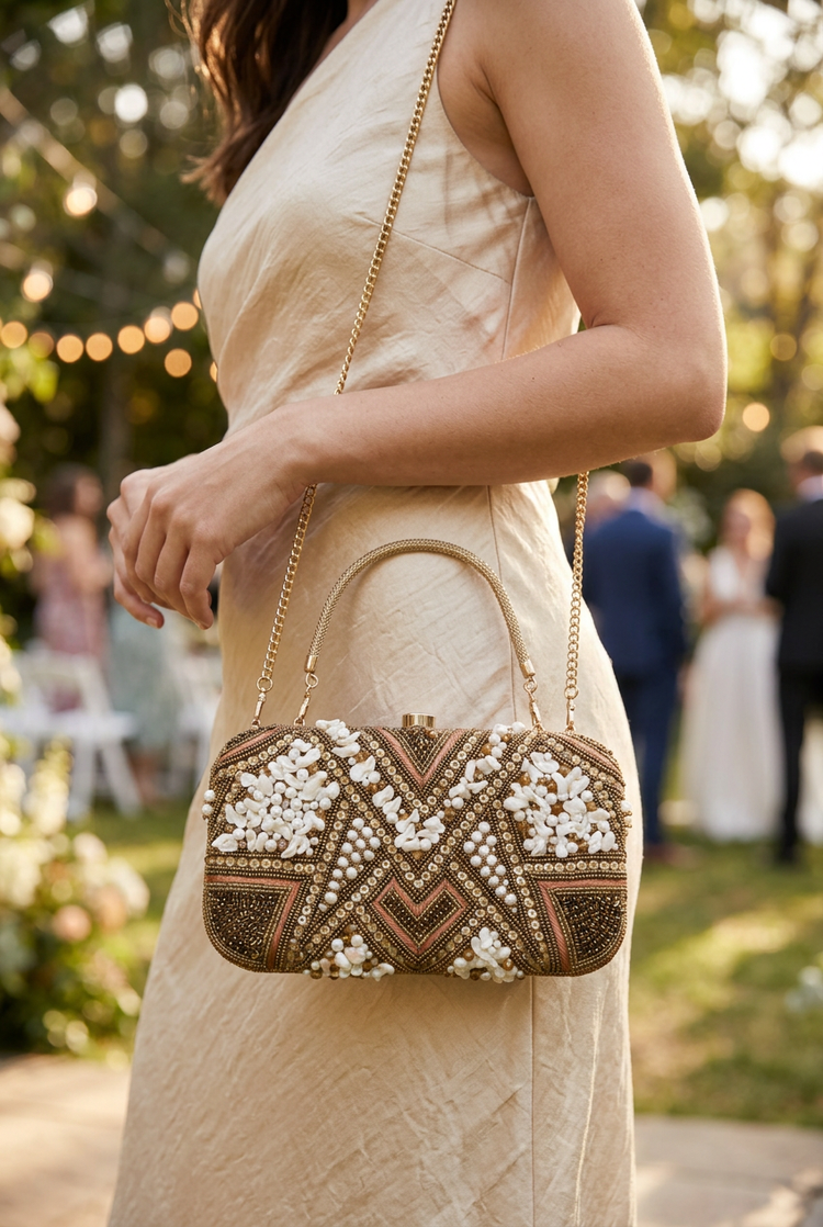 Bronze Mosaic sling bag with champagne garden wedding dress