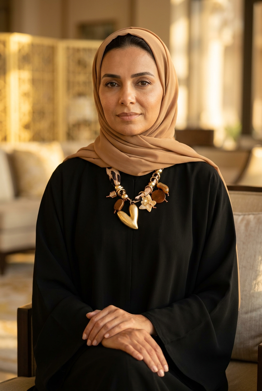 Leopard scarf and gold heart charm necklace worn over a black abaya with a camel shayla in a Dubai hotel lounge