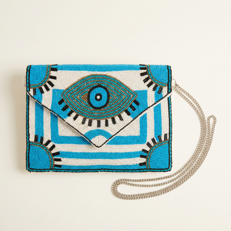 Turquoise and white beaded eye envelope clutch, AI-generated studio image