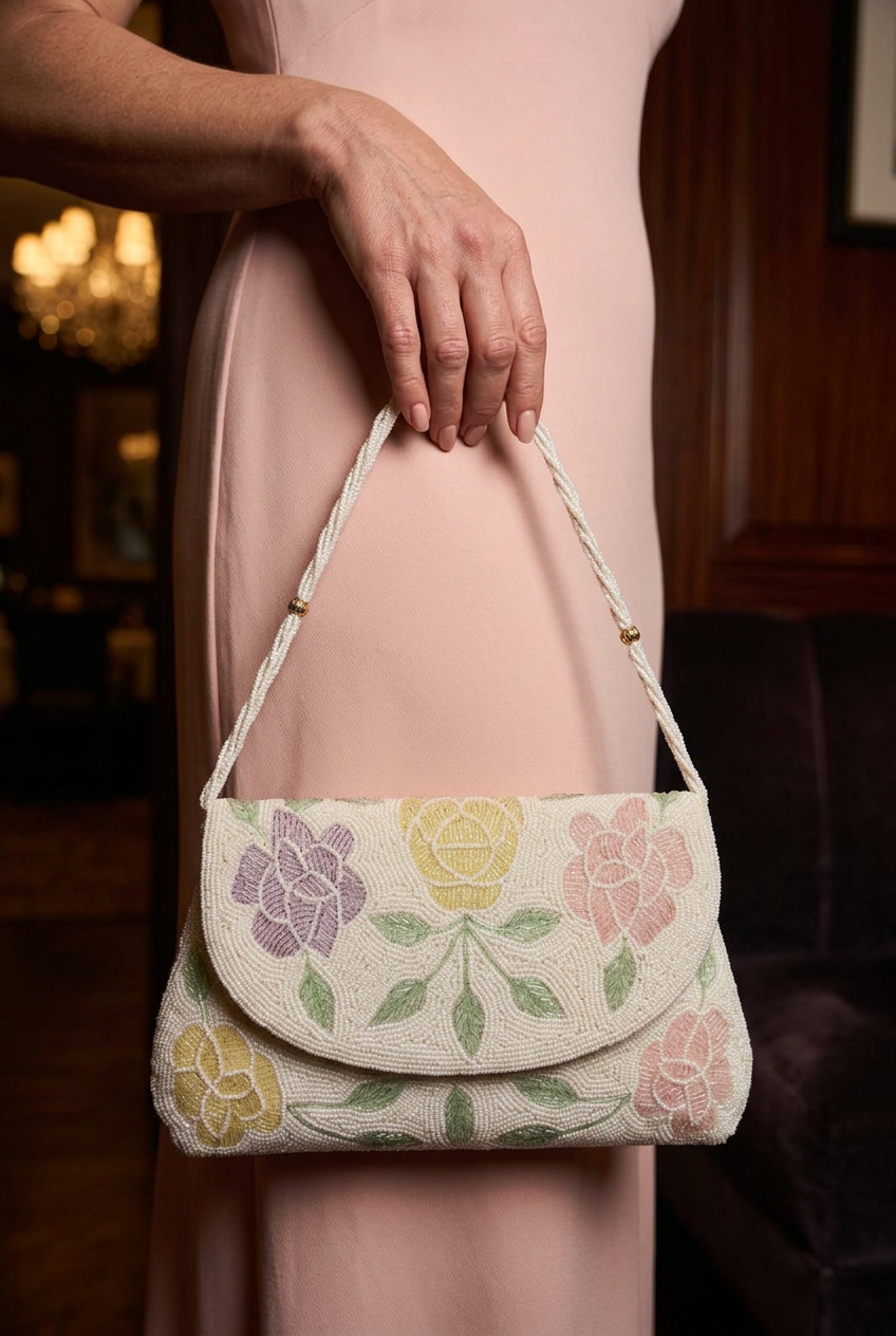 Petal Confetti ivory pastel rose bag with blush evening outfit