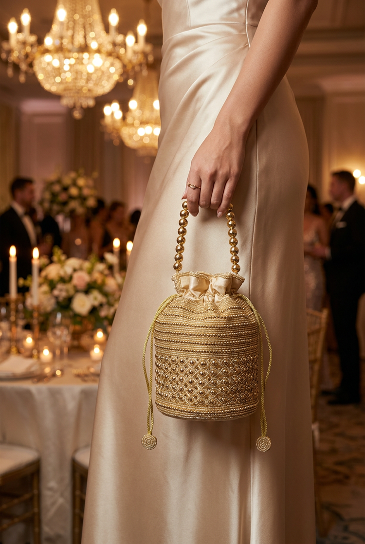 Golden Halo gold beaded potli styled with a champagne gown at a wedding reception