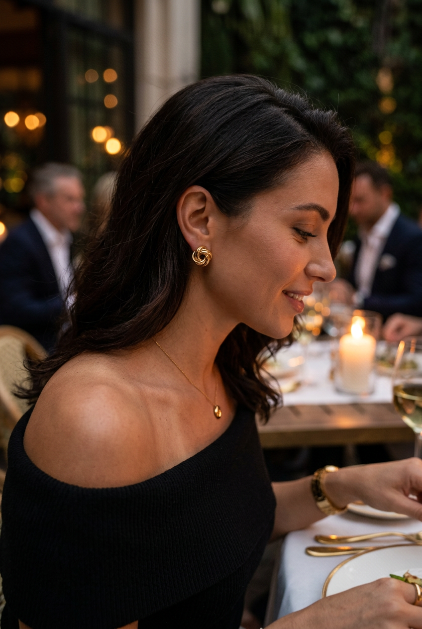 Gold love knot studs worn at a candlelit dinner