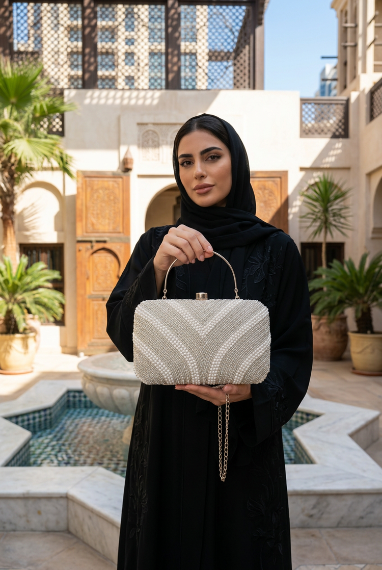 Pearl Contour Silver clutch styled with an abaya