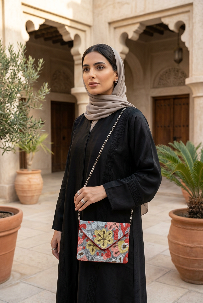 Poppy floral bag styled with black abaya