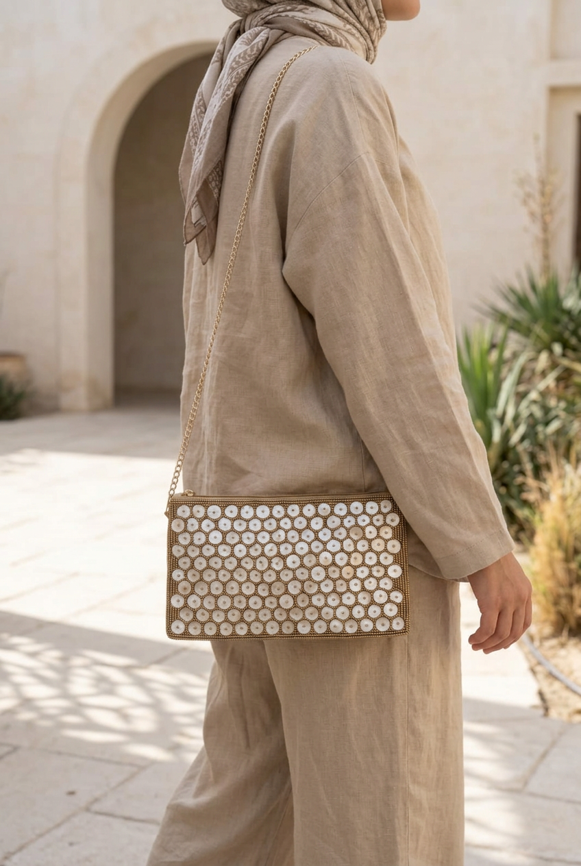 Shell Glow small shell-disc sling bag worn with a neutral linen outfit