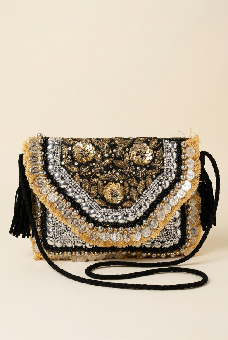 Golden Nocturne black and gold floral sequin bag, cream studio