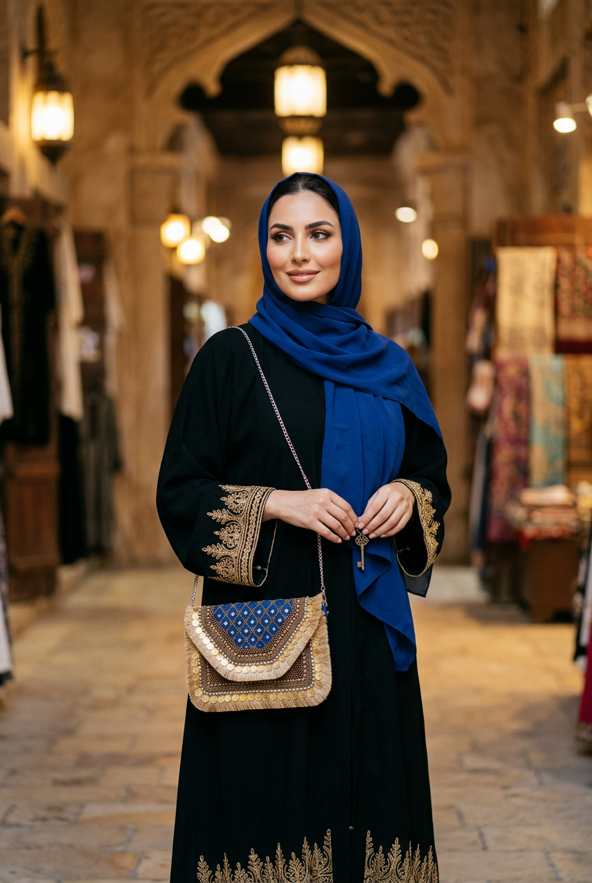 Royal blue mirror and coin fringe clutch on a silver chain with a gold-embroidered black abaya and royal blue shayla in a souk