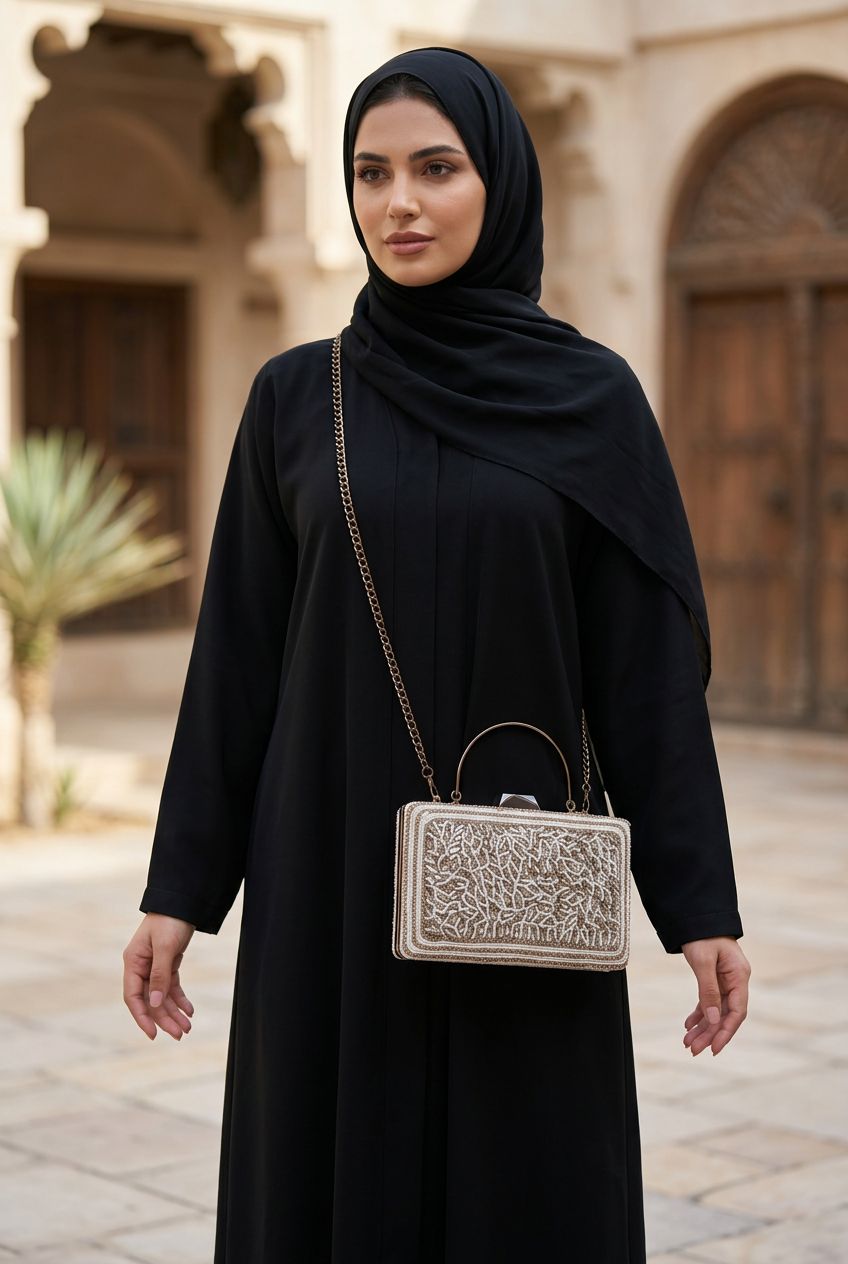 Silver Canopy sling bag worn with black abaya