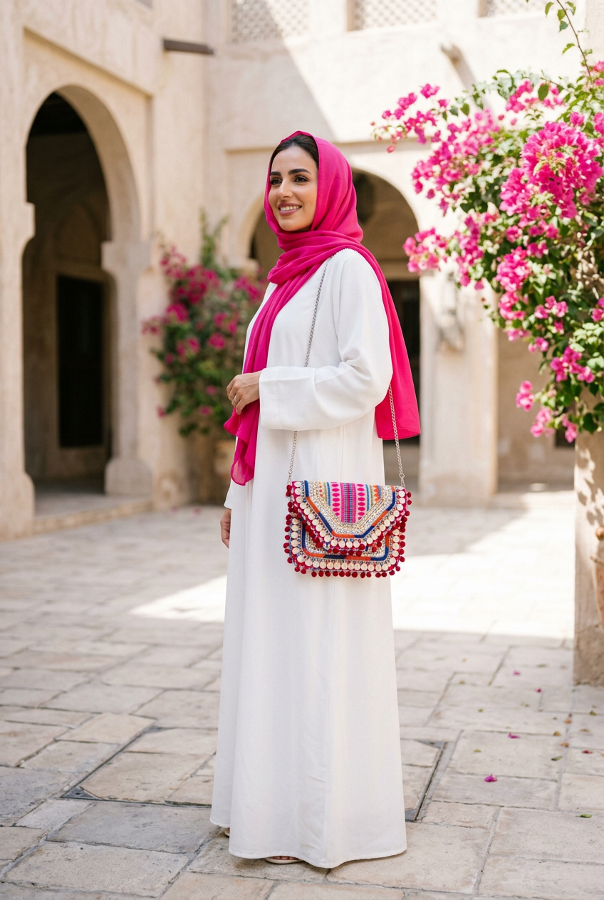 Pink multicolour coin and pom-pom boho clutch on a silver chain with a white abaya and fuchsia shayla in a bougainvillea courtyard