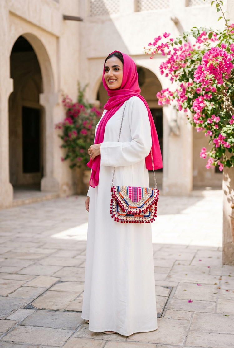 Pink multicolour coin and pom-pom boho clutch on a silver chain with a white abaya and fuchsia shayla in a bougainvillea courtyard