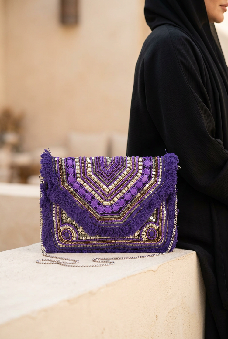 Purple Chevron clutch styled with black abaya