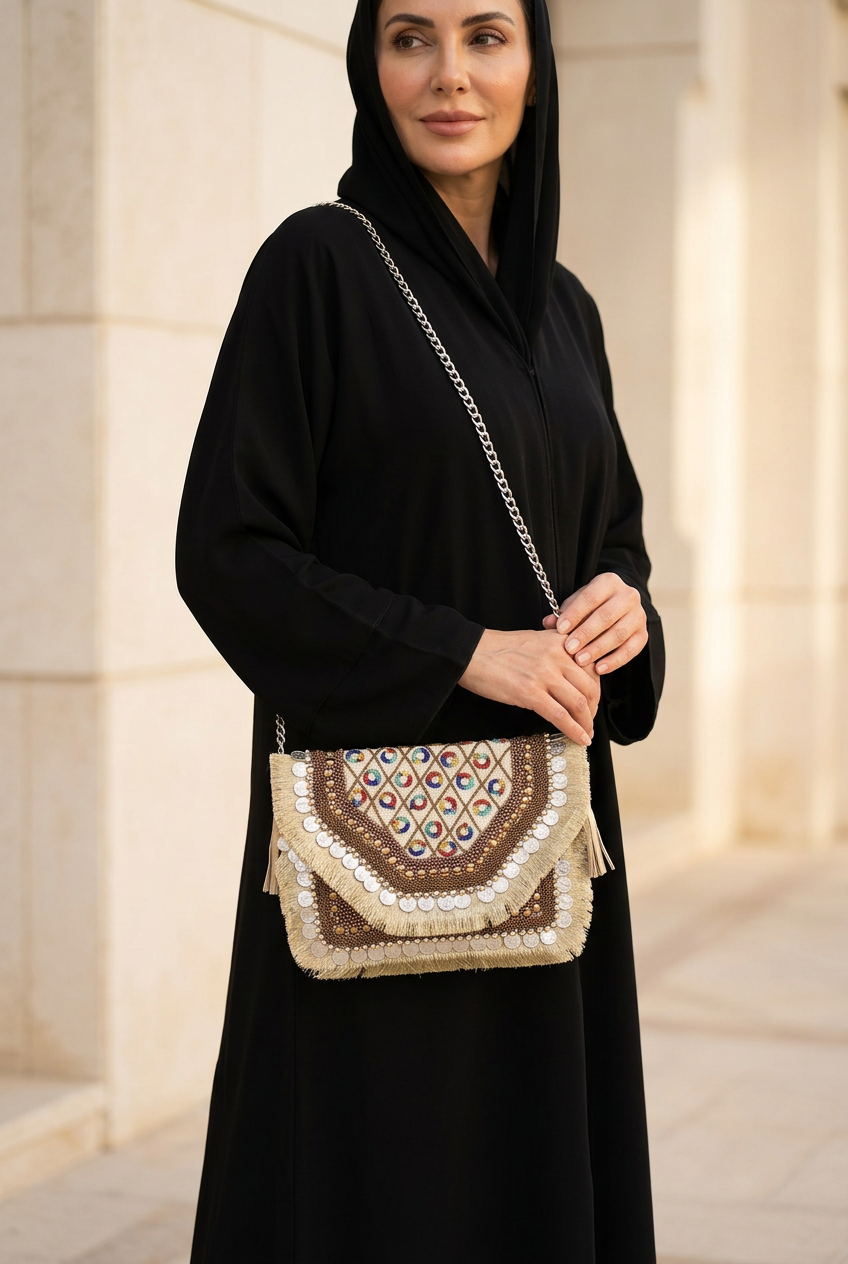 Golden Carnival clutch styled with black abaya