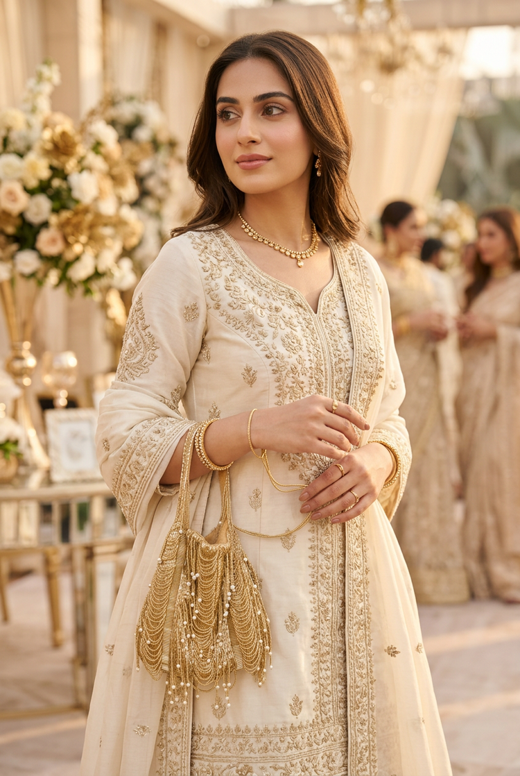 Woman in an ivory embroidered outfit with the small gold beaded potli bag hanging from her wrist