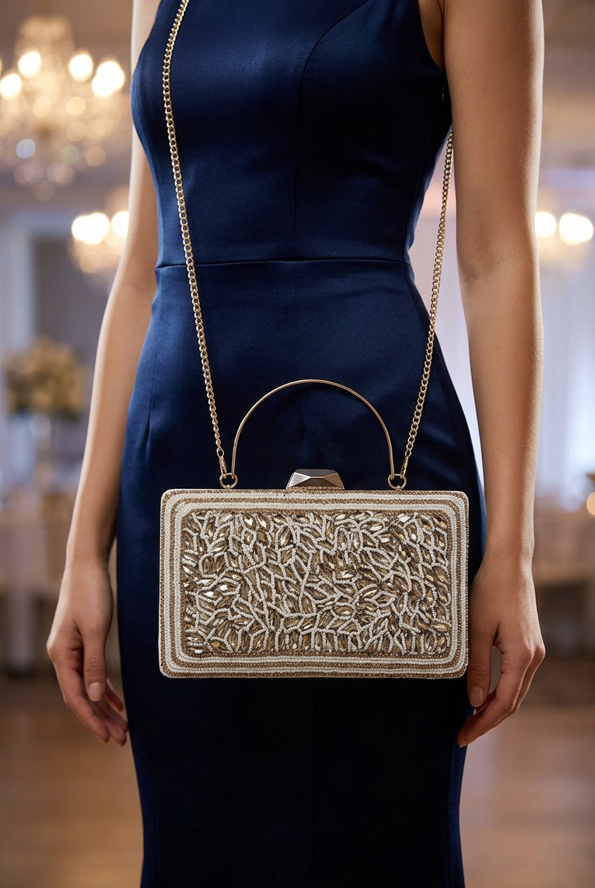Silver Canopy sling bag with navy reception dress