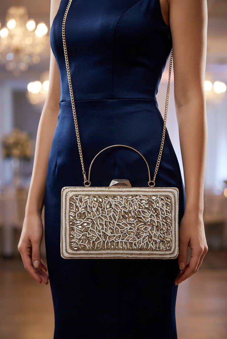 Silver Canopy sling bag with navy reception dress