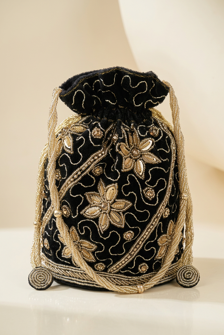 Midnight Botanica black floral beaded potli, angled studio view