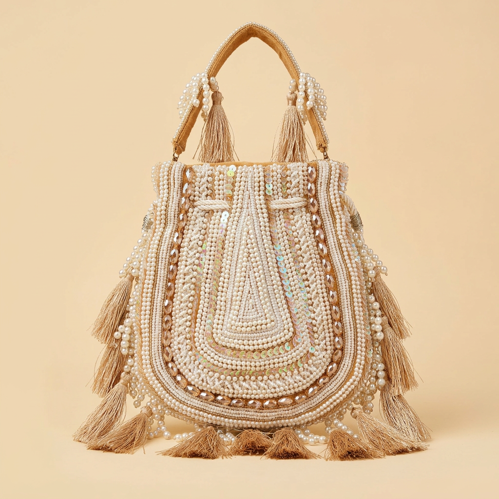 Ivory pearl and champagne tassel boho bag, AI-generated studio image