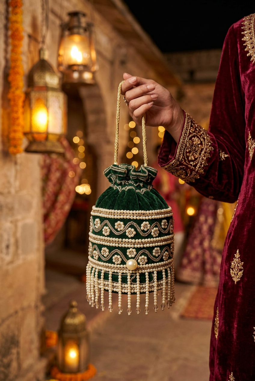 Emerald Soirée green pearl beaded potli styled for a festive celebration