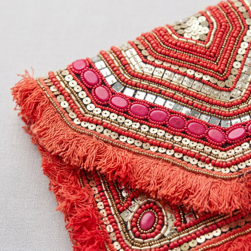 Coral beadwork fuchsia accents and fringe, AI-generated detail image