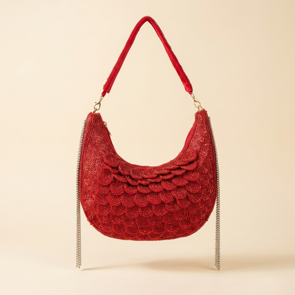 Red beaded scallop crescent bag with matching strap and silver-tone side tassels, studio view
