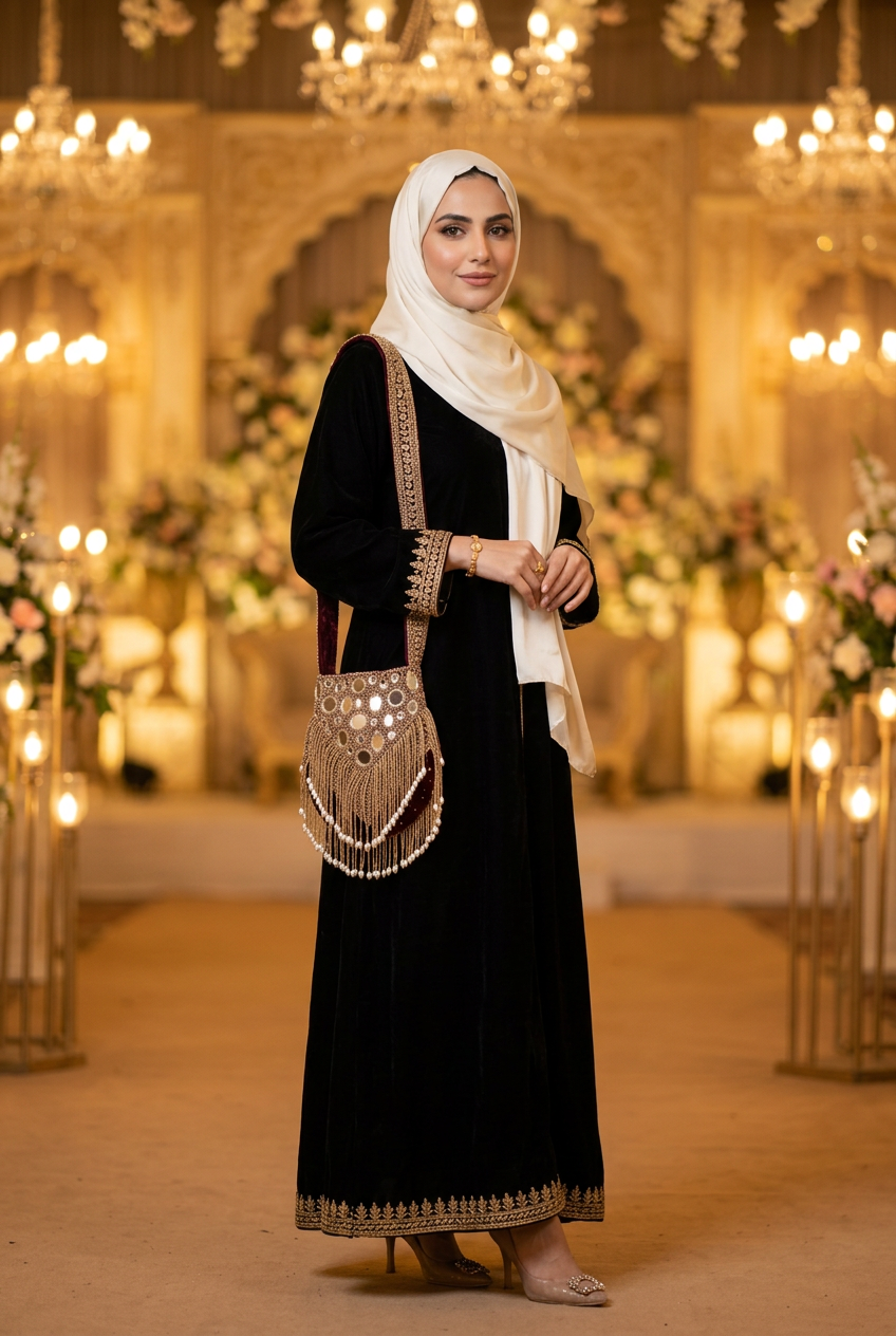 Burgundy mirror and beaded fringe shoulder bag worn with a gold-trimmed black abaya and ivory shayla at a wedding reception