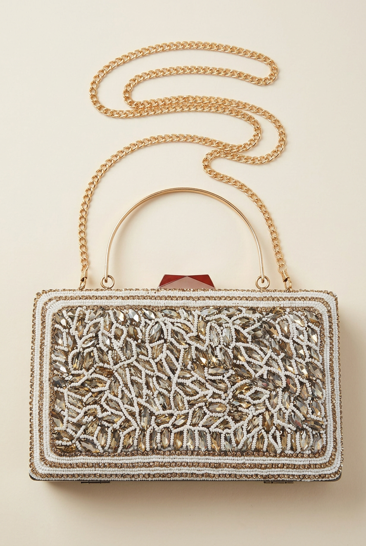 Silver Canopy leaf-beaded sling bag, front studio view