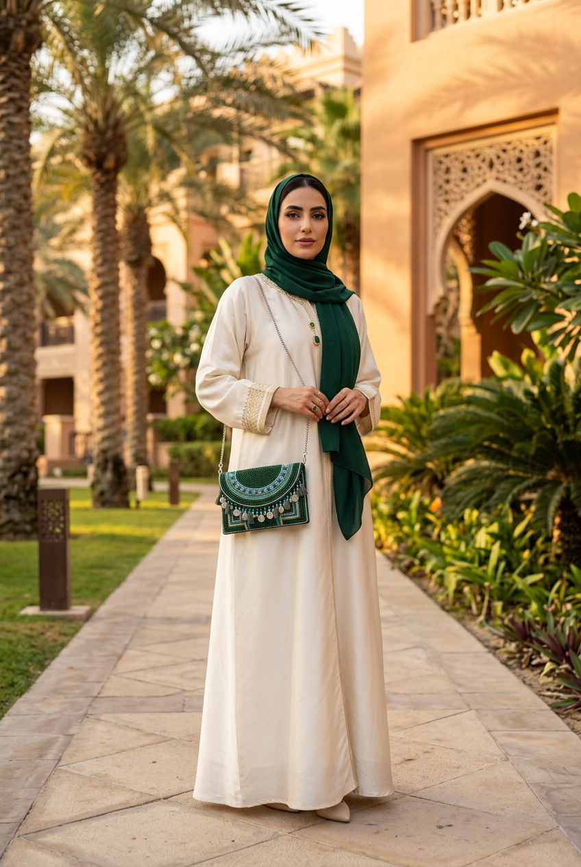 Emerald and turquoise geometric fringe clutch on a silver chain with an ivory abaya and emerald shayla in a palm hotel garden