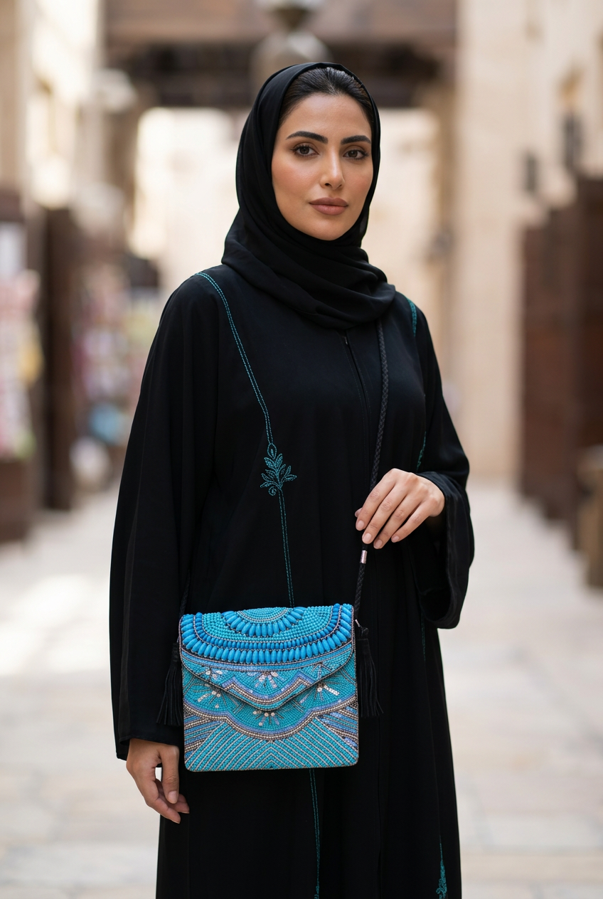 Turquoise beaded crossbody bag worn with a black turquoise-embroidered abaya in a souk arcade