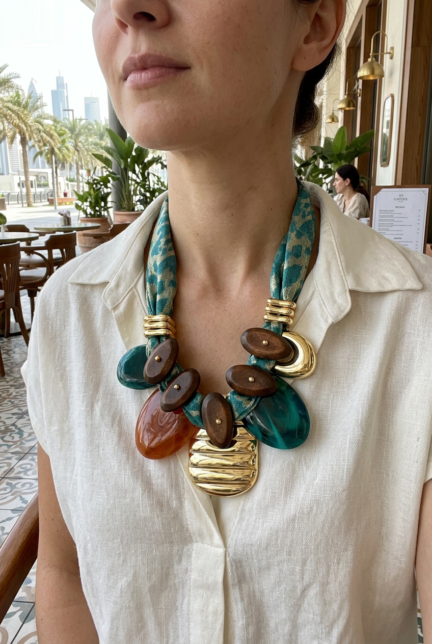 Medium-size teal scarf charm necklace worn with ivory linen
