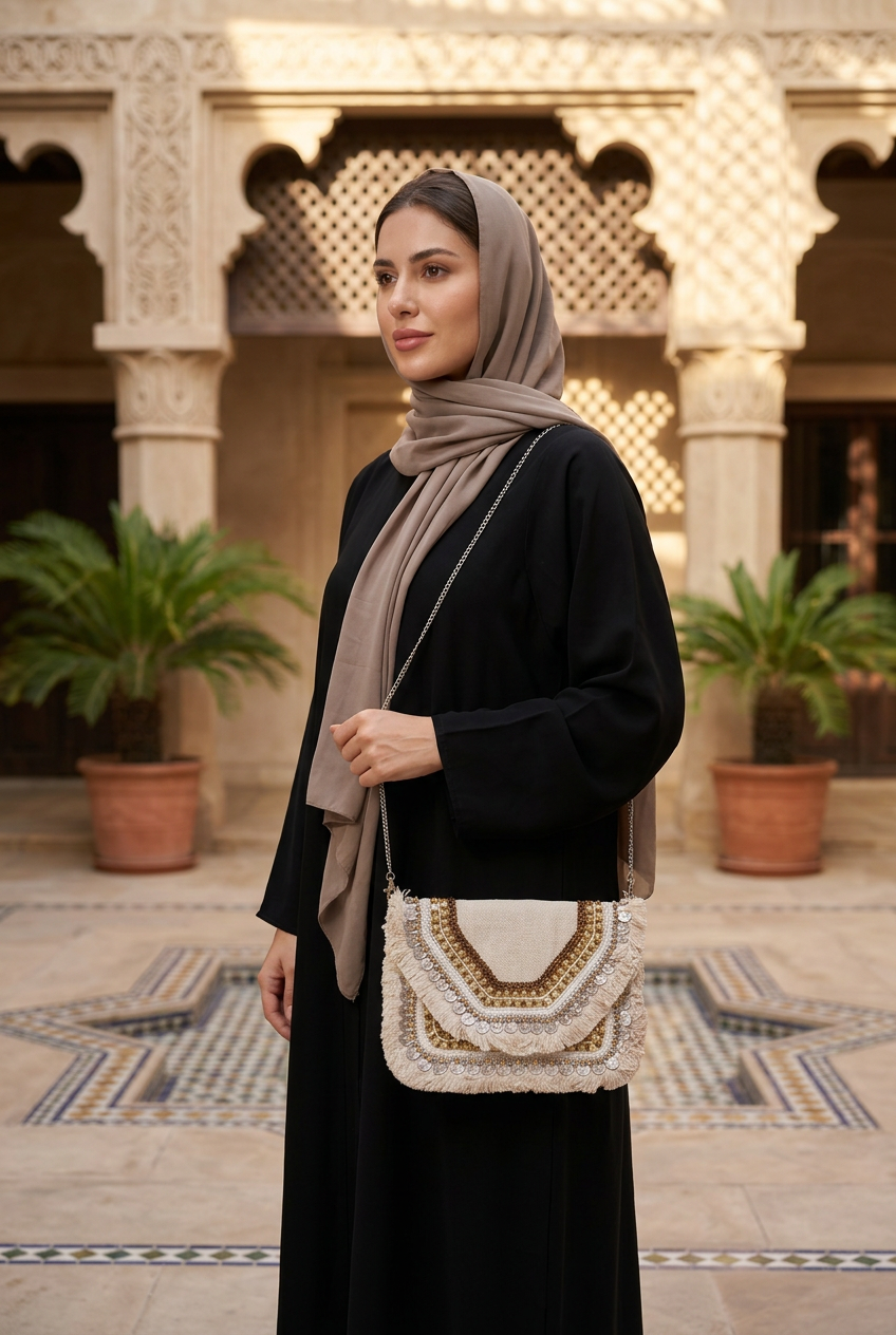 Ivory Glow compact bag styled with black abaya