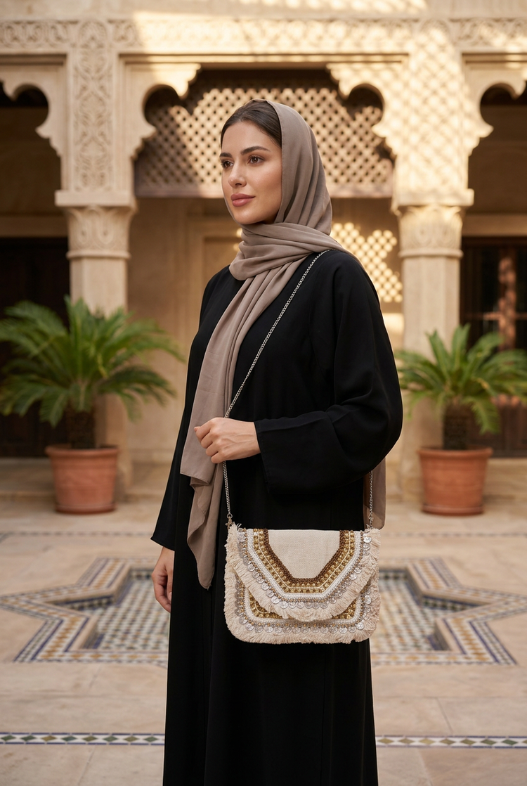Ivory Glow compact bag styled with black abaya