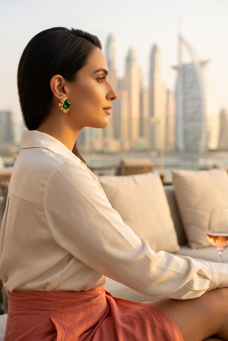 Woman on a Dubai rooftop wearing small emerald and gold sculpted stud earrings