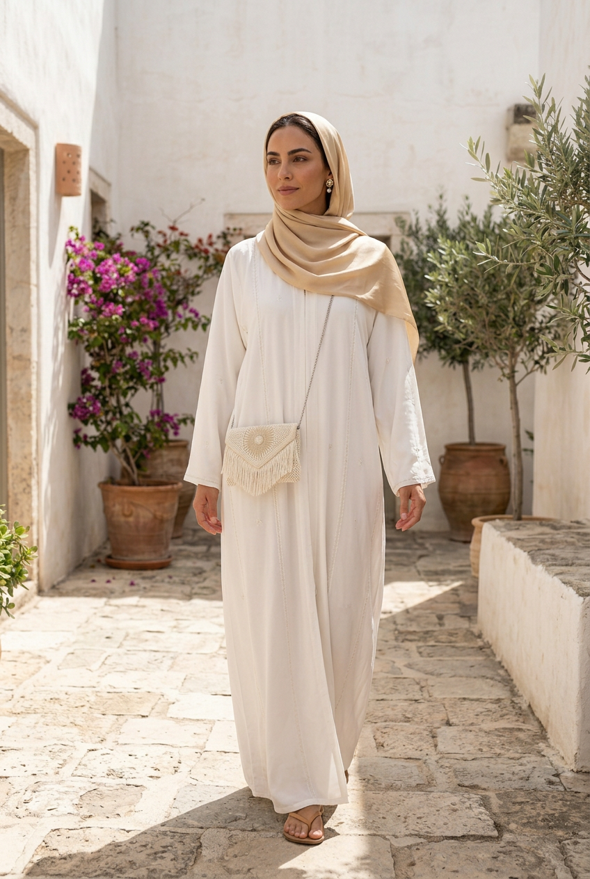 Ivory pearl sunburst fringe clutch worn crossbody on a silver chain with a white abaya and champagne shayla in a whitewashed courtyard