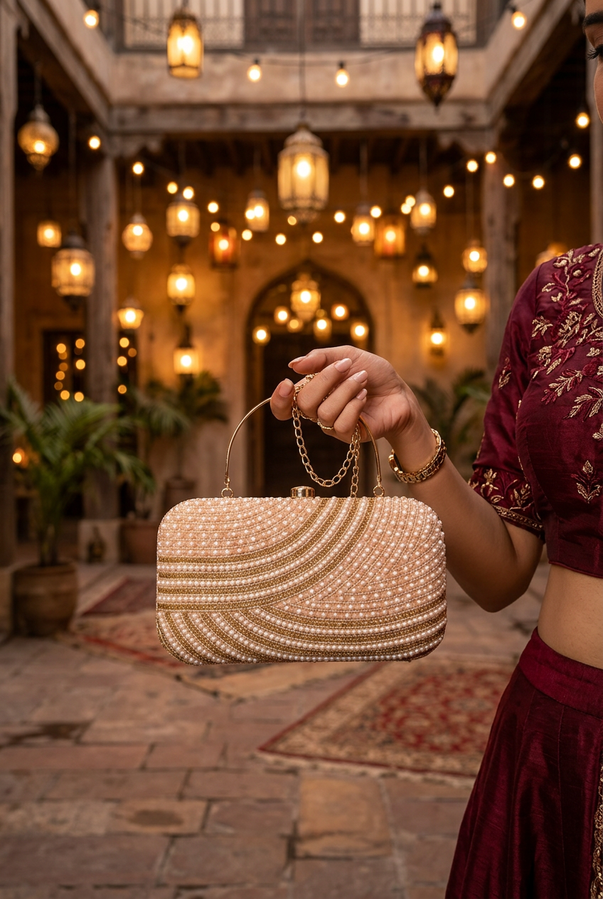 Satin Current Beige wave beaded clutch at a festive celebration