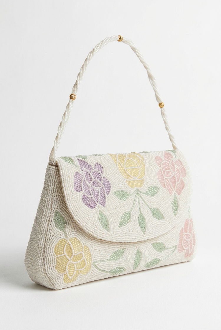 Petal Confetti ivory pastel rose bag, angled studio