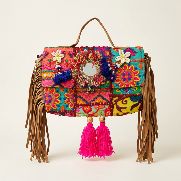 Multicolour patchwork mirror and fringe boho bag, AI-generated studio image