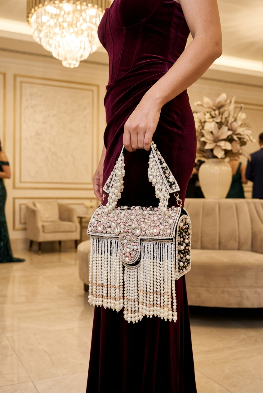 Woman in a burgundy evening dress holding the pearl and crystal fringe box bag by its embellished top handle