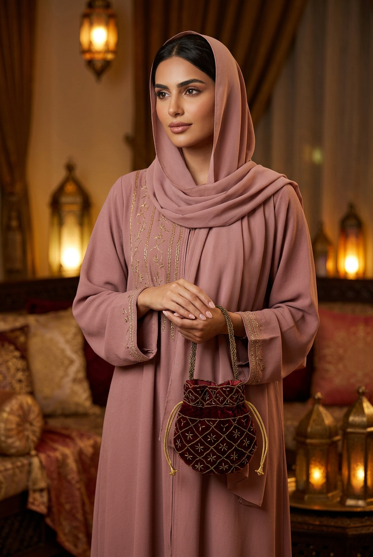 Burgundy mini beaded potli carried with a dusty rose embroidered abaya at an Eid evening