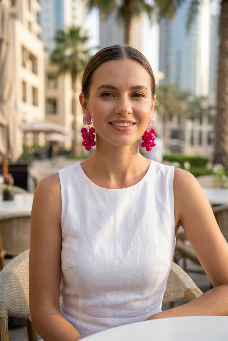 Pink berry cluster earrings worn with white at a Dubai cafe