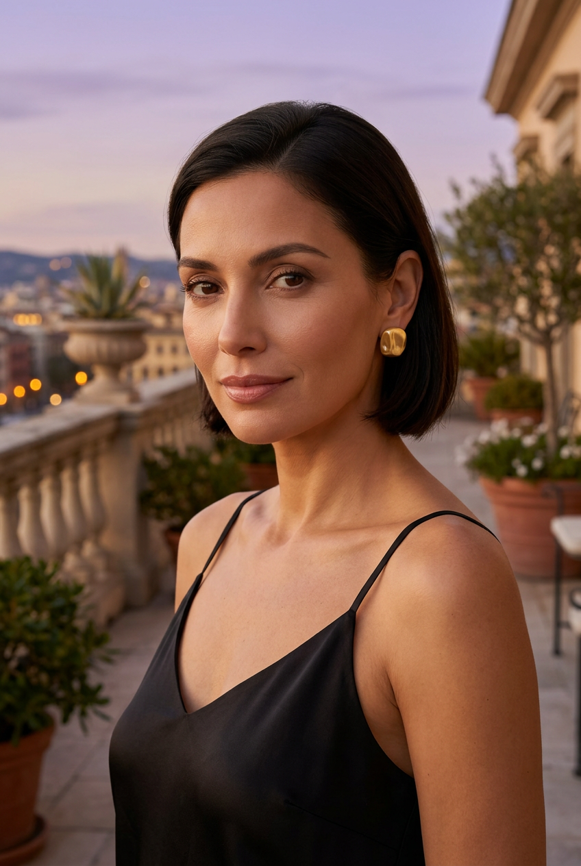 Small sculpted gold-tone studs styled with a black top