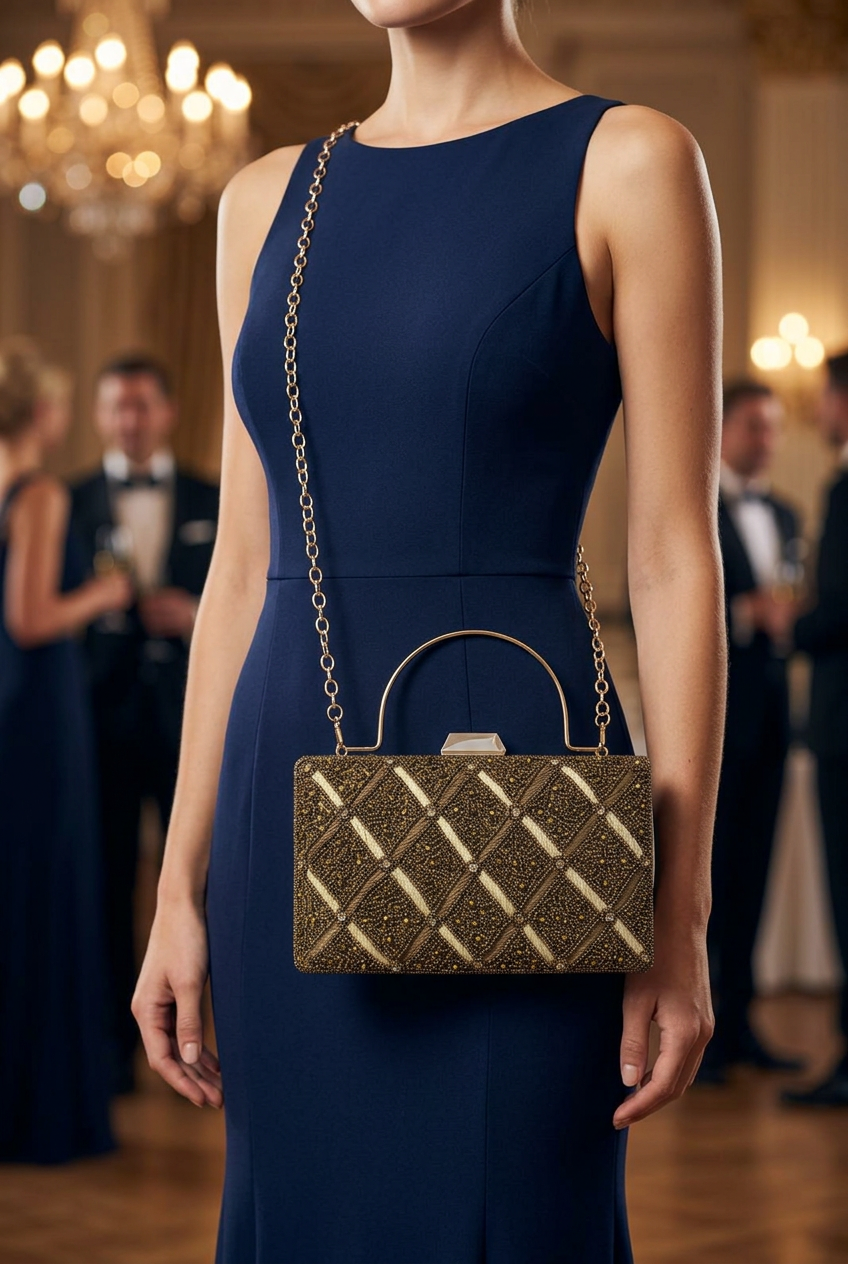 Bronze Quadrant sling bag with navy reception gown