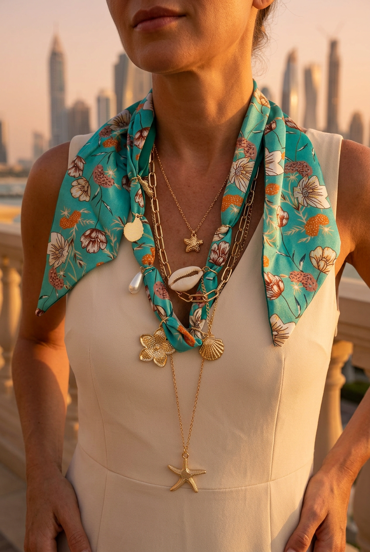 Turquoise floral scarf necklace worn on a golden-hour terrace