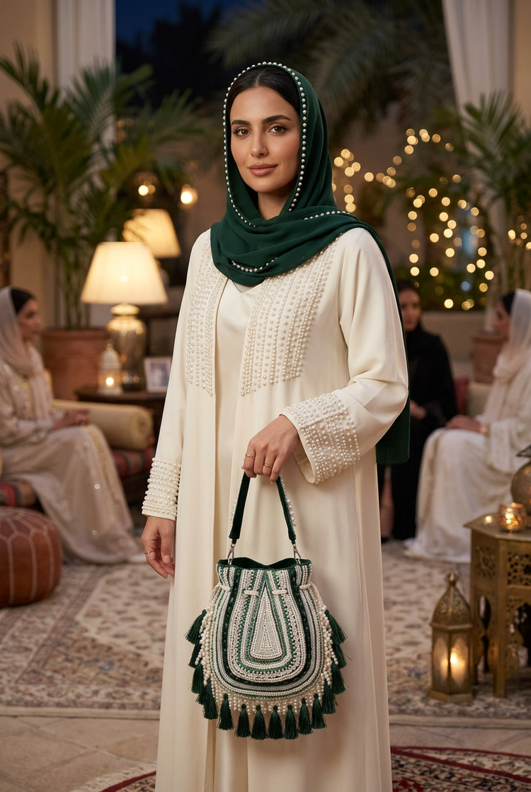 Forest green pearl and tassel bag held with an ivory pearl-embellished abaya and green shayla at a henna celebration