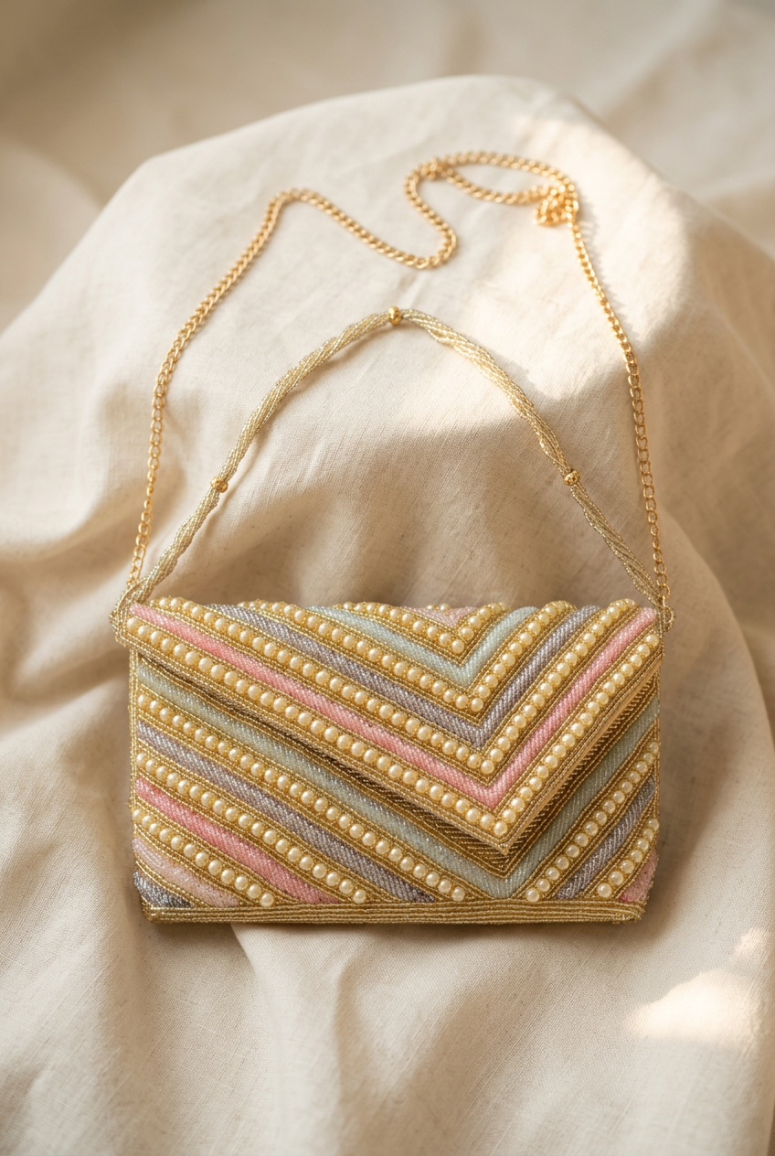 Pastel Gleam bag styled on cream linen