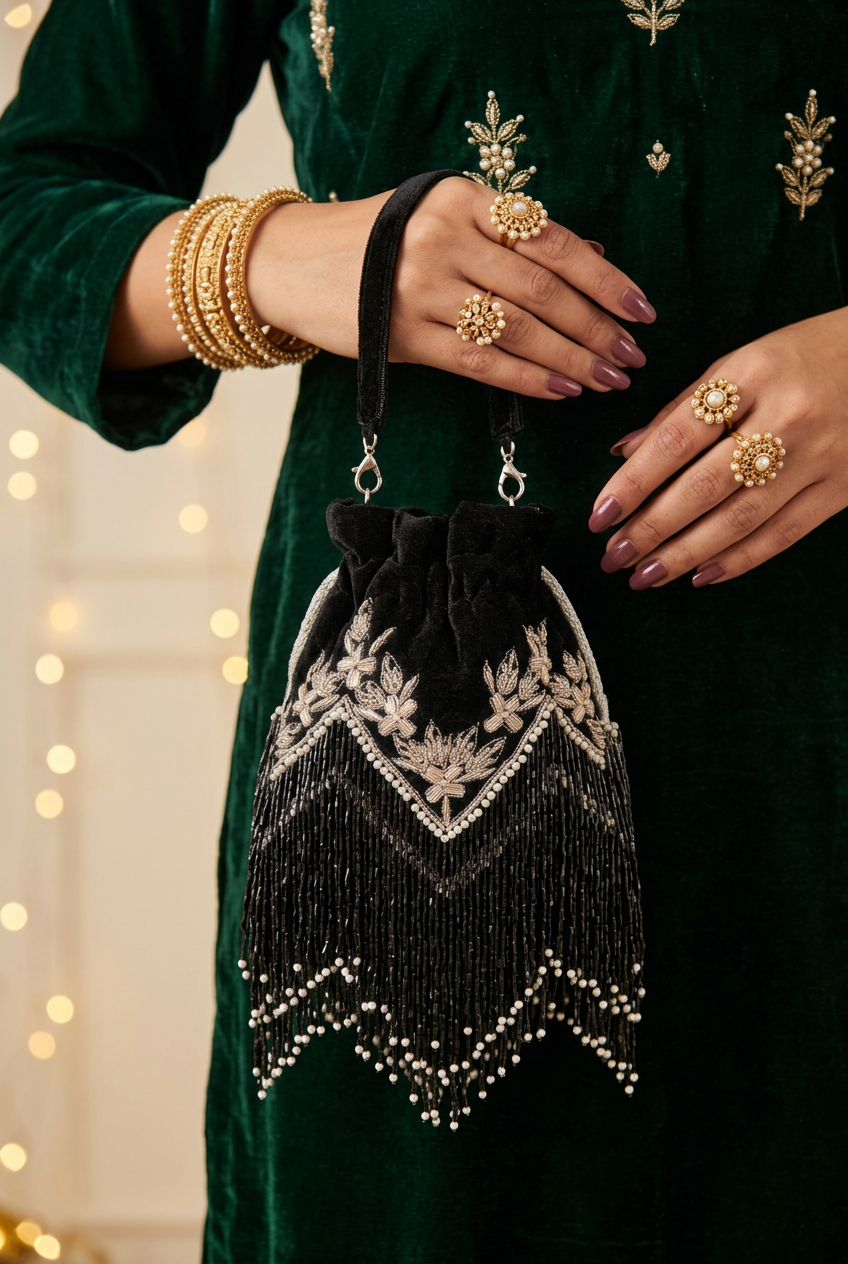 Hand holding the small black velvet embroidered potli with beaded pearl fringe