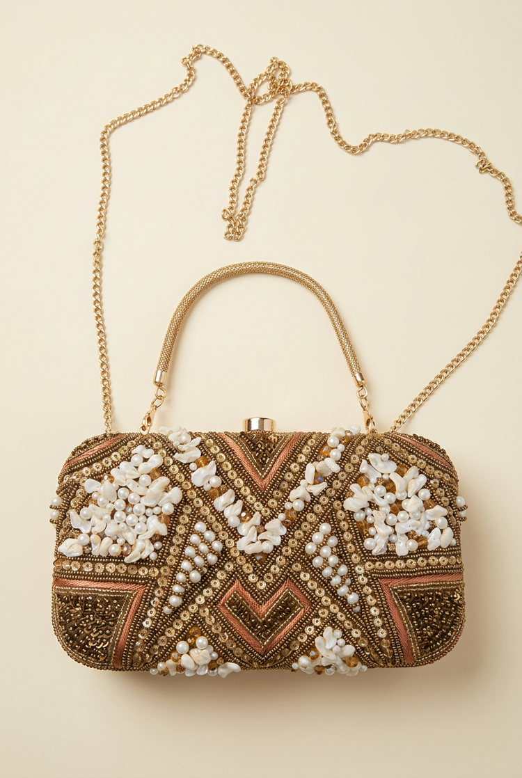 Bronze Mosaic shell and pearl beaded sling bag, front studio view
