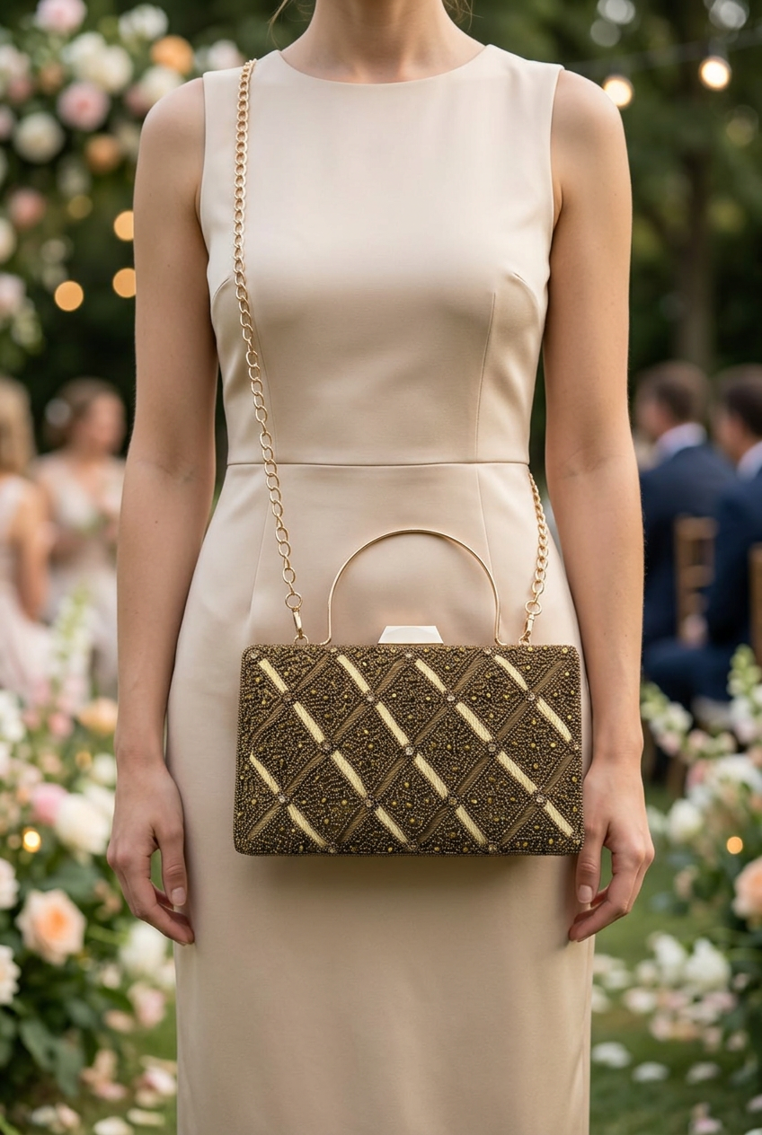 Bronze Quadrant sling bag with champagne garden wedding dress